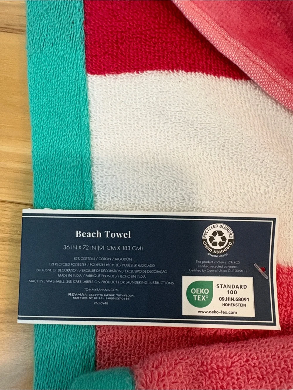 Tommy Bahama Pink Red White Striped Beach Towel with Teal Border